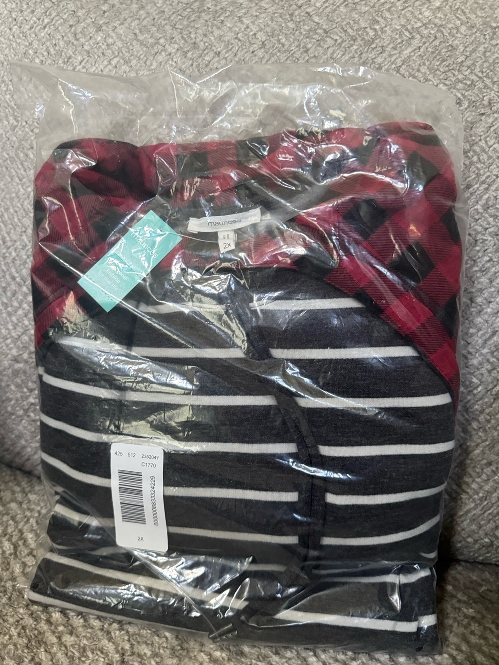 Maurices Black & White Striped Hoodie with Red Plaid Accent